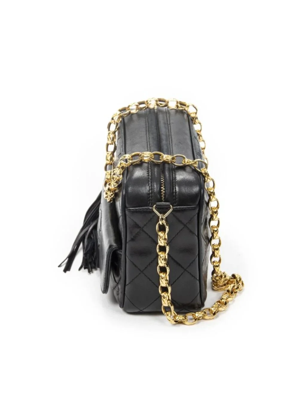 Chanel CC Logo Fringe Chain Shoulder Bag Black Quilted Lambskin Leather